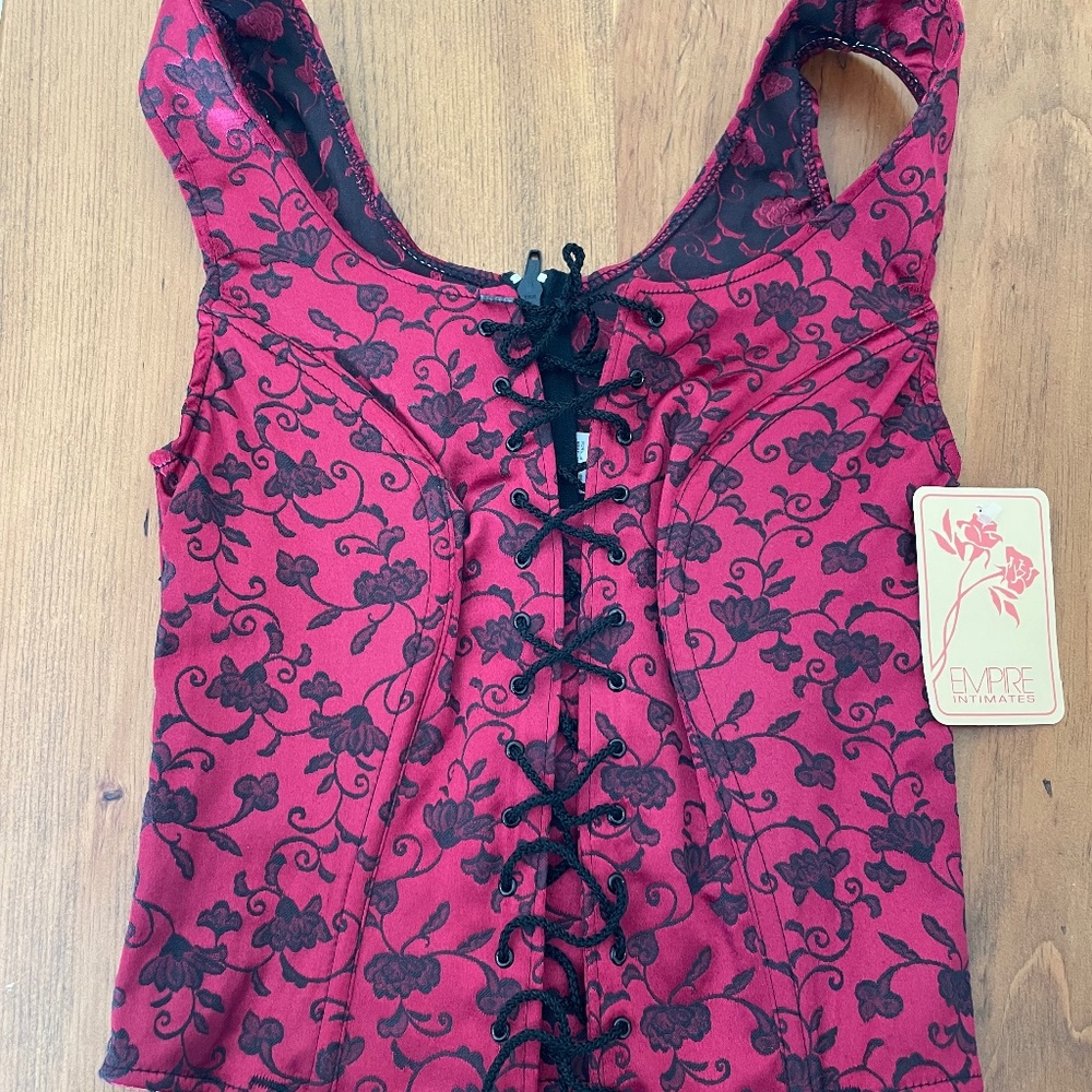NWT: Deep Rose/Scarlet & Black Floral Front Lace Up Corset